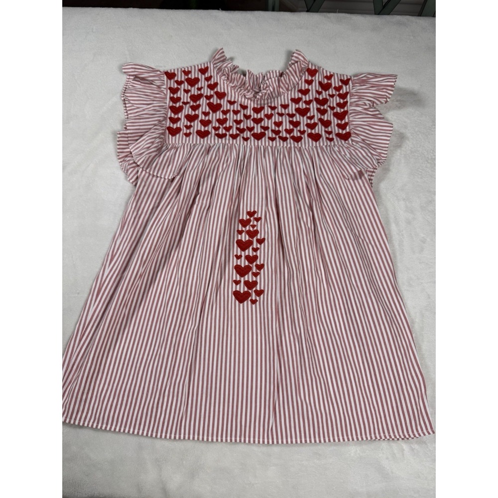 Girls Spirit Dress Smocked Heart Red White Stripe Dress Size S Cotton